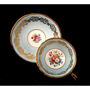 Aynsley Bone China Pale Blue Floral Tea Cup & Saucer Gold Trim 7951